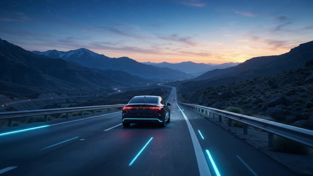 Auto avanzando por una carretera del desierto al atardecer