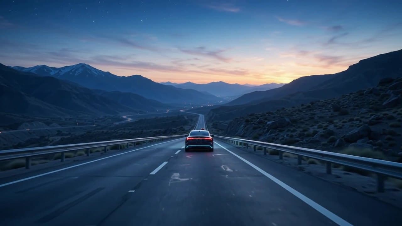 Carretera entre cerros con un auto a lo lejos