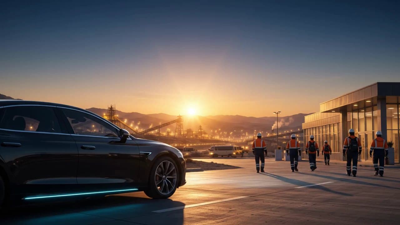 Personal con ropa de trabajo caminando hacia un auto estacionado al atardecer